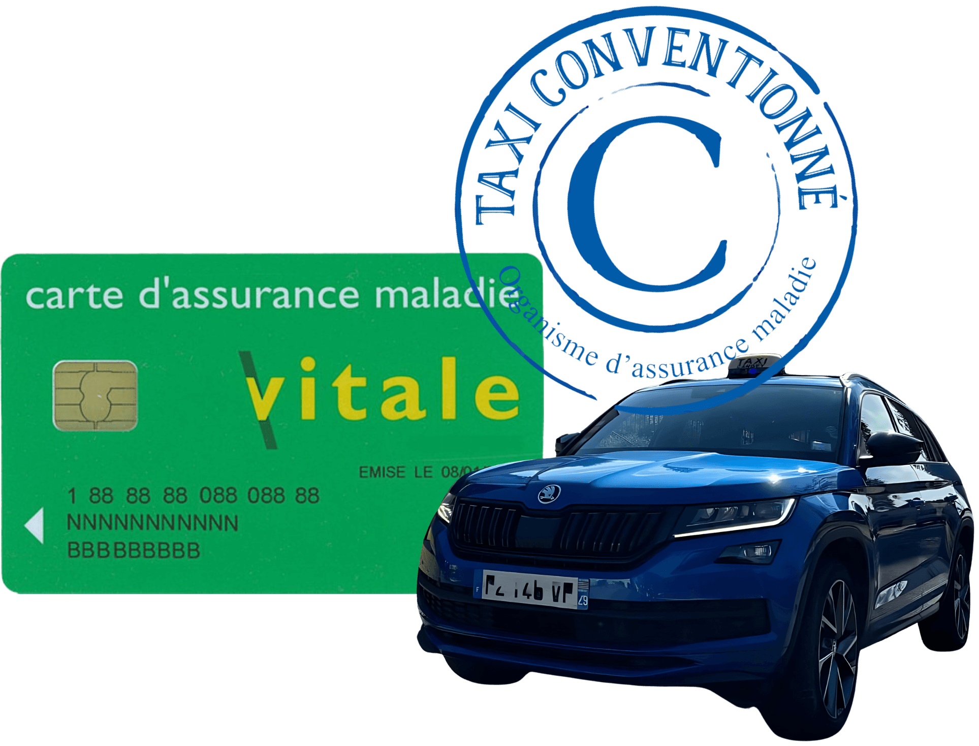 Image avec logo taxis conventionnés véhicule skoda bleu et une carte vitale