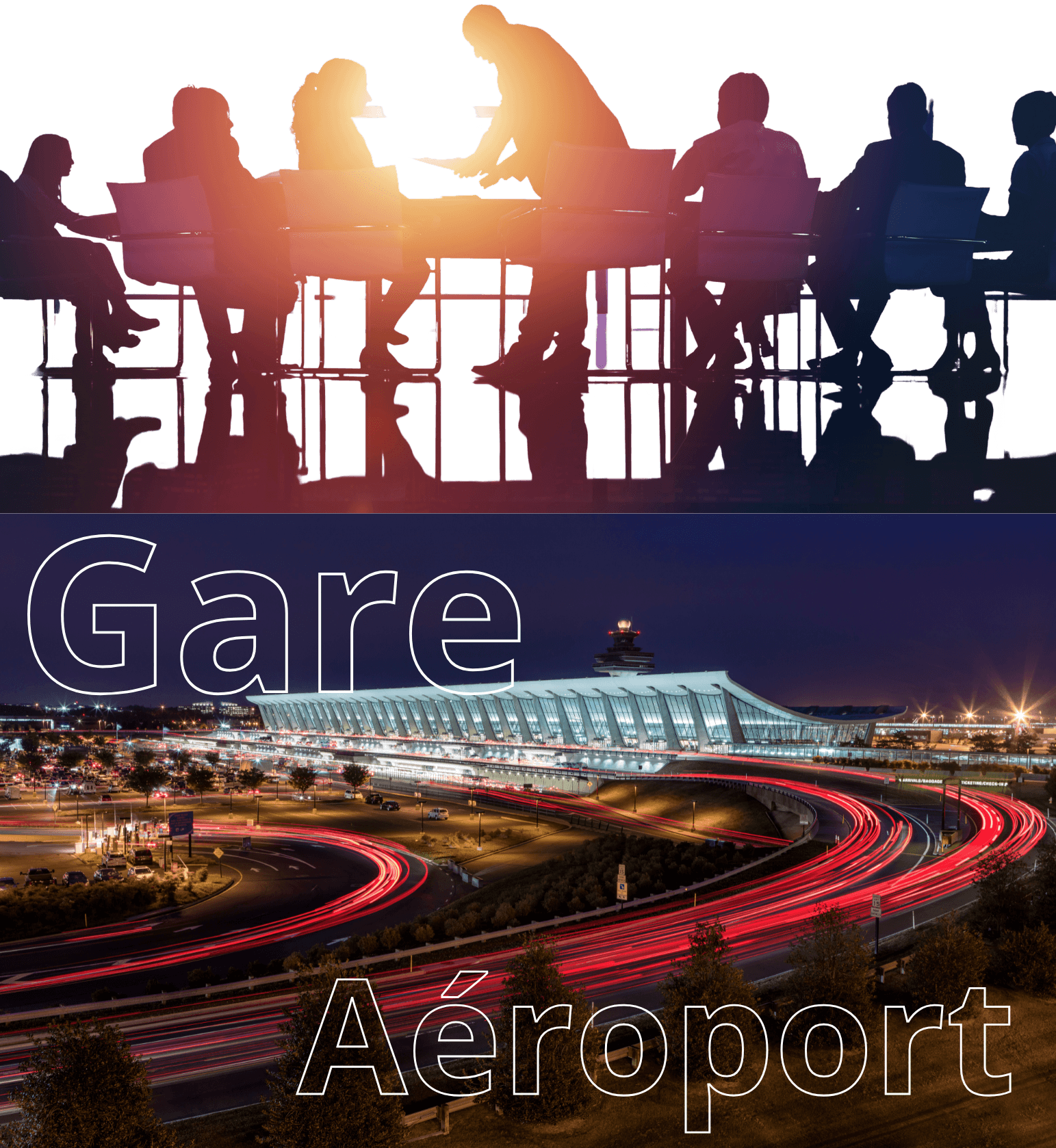 Groupe de personnes assis autour d'une table et en dessous vue d'un aéroport français de nuit