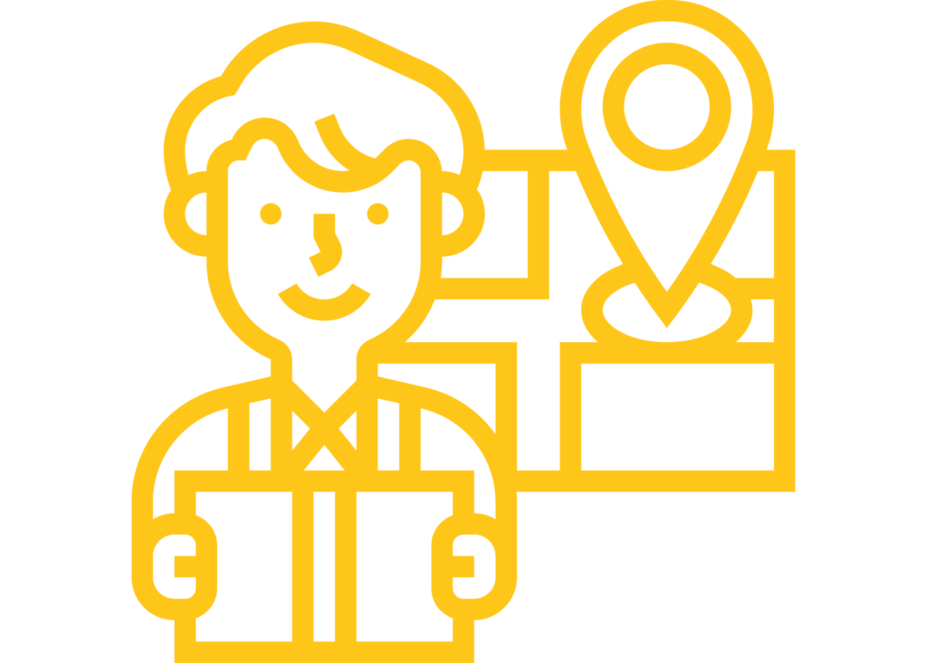 Silhouette d'un enfant avec un carnet dans les mains et un point de carte GPS sur la droite